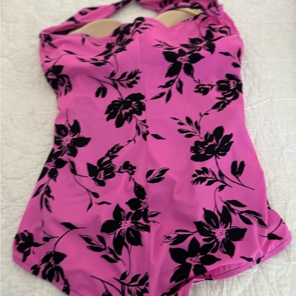 SLIMSHAPER Pink Black 1 Piece Halter Sheered Front control panel Size 16 - Picture 8 of 11